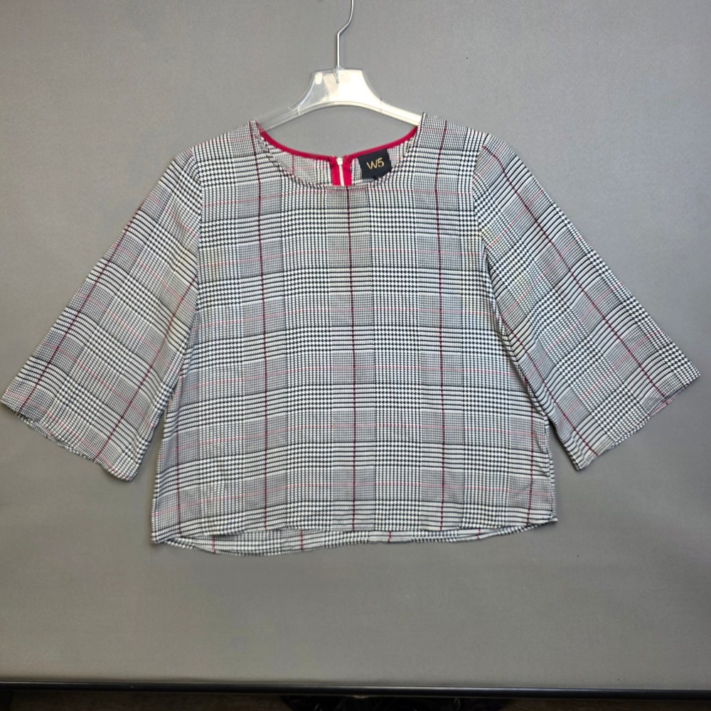 W5 Blouse Womens Plaid Bell Sleeve Exposed Zipper Black White Red Large